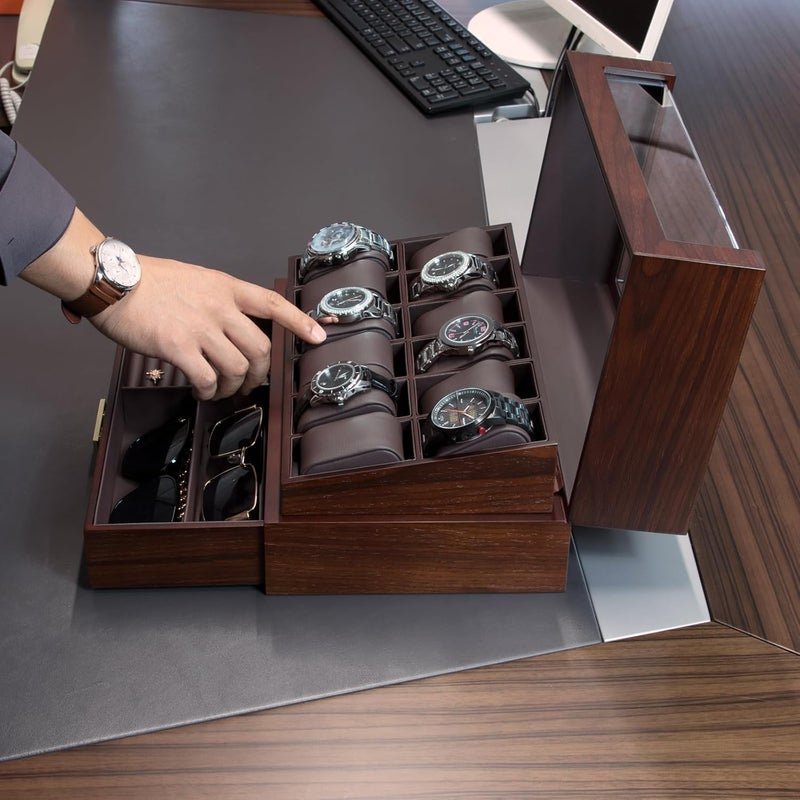 KAMIER High End Watch Box for Men, 12 Slot Wooden Watch Case With Drawer, Watch Display Box with Glass Lid, 2-Layer Watch Holder for Jewelry and Watch Storage for Men Women , Ideal for Gift (With Gift Box) - Image 2